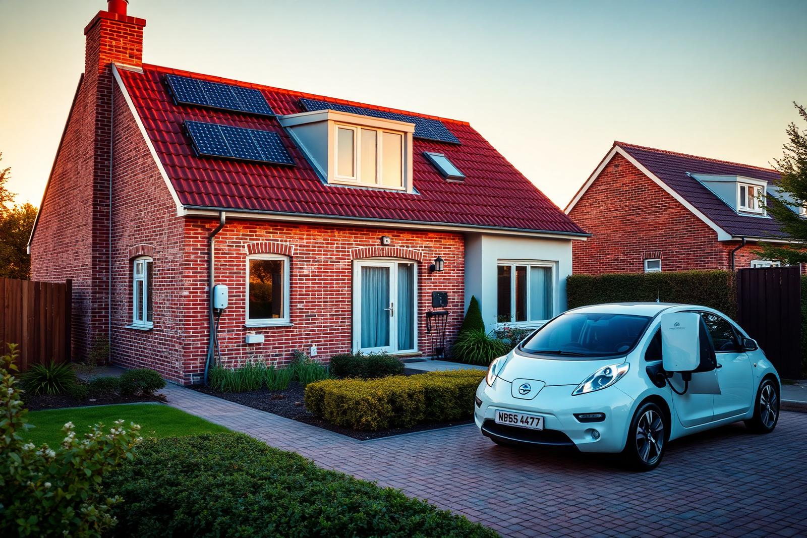 Belgische woning met zonnepanelen en elektrische wagen aan de laadpaal