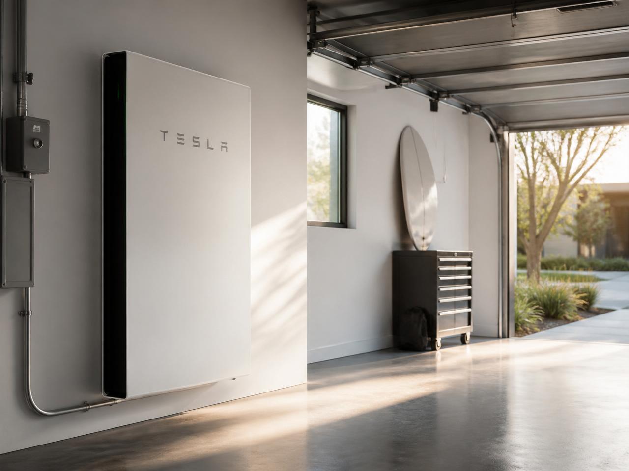 Wandgemonteerde thuisbatterij in een lichte garage