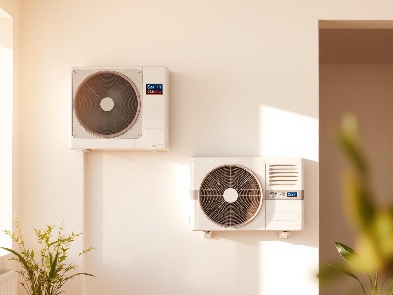 Buiten- en binnenunit van een moderne warmtepomp en airco op een witte muur