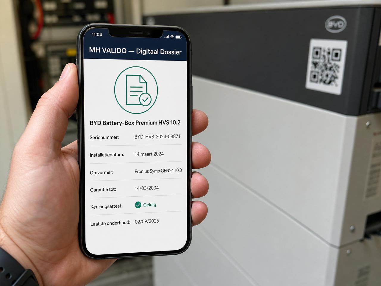 Hand die met een smartphone-camera een QR-sticker scant op een batterijkast