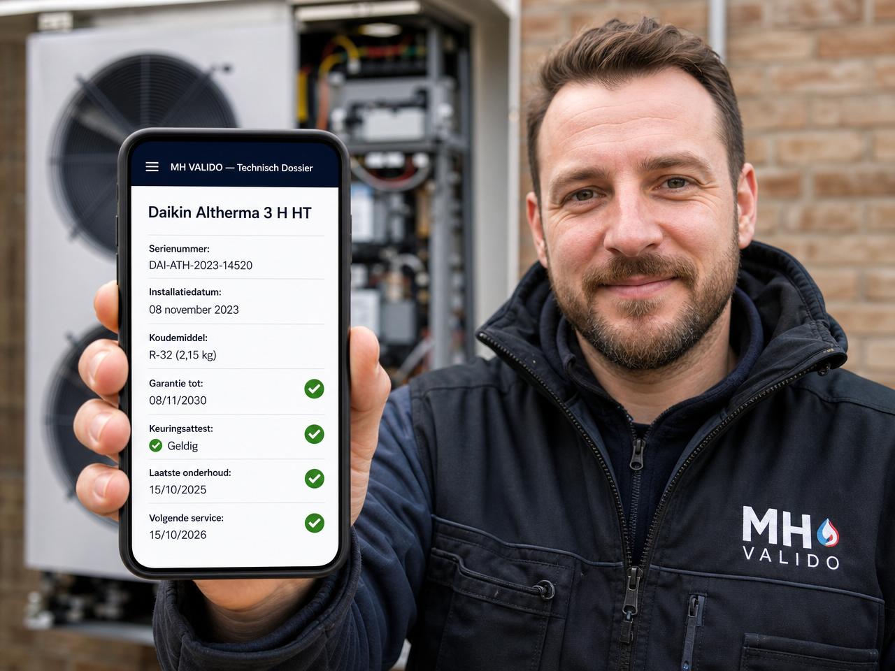 Smartphone met een technisch dossier en checklist in de hand van een technieker