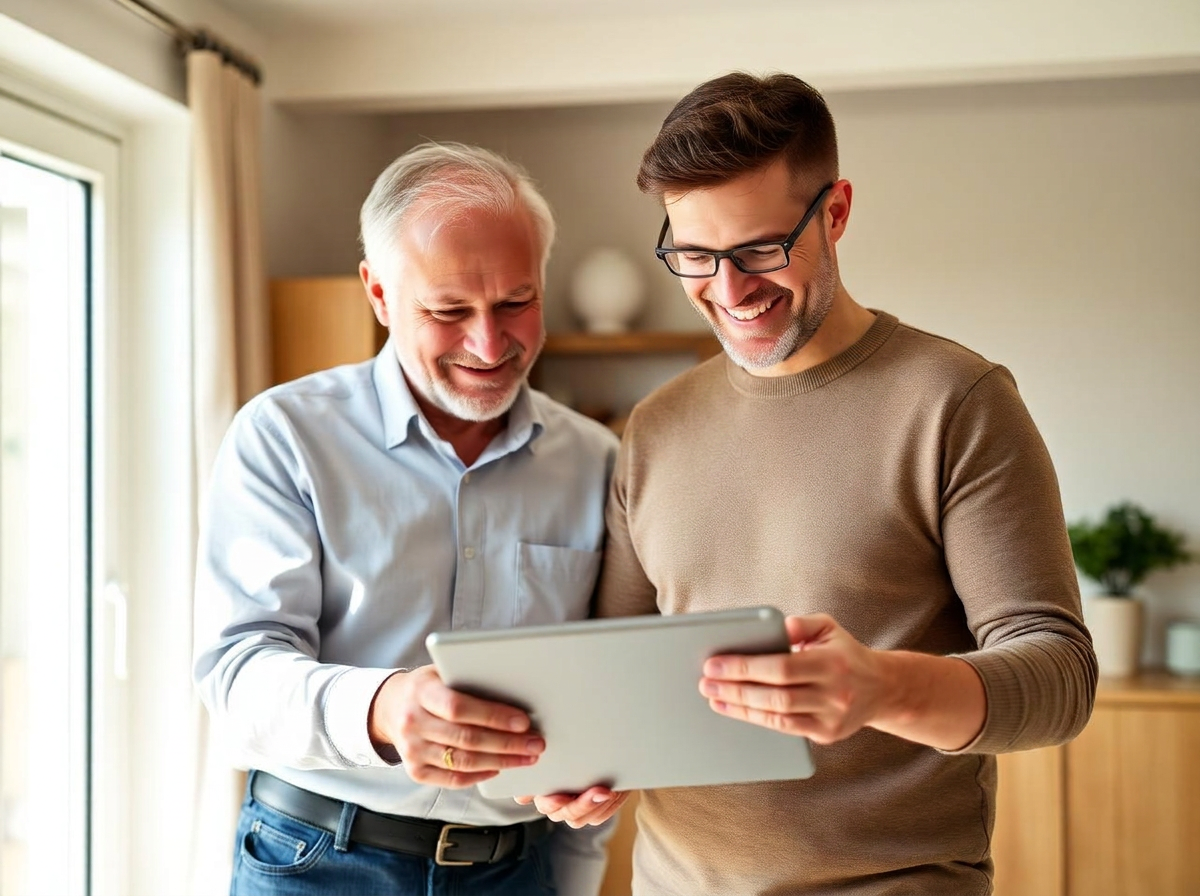 Tevreden klant en technieker die samen naar een tablet kijken